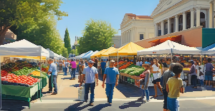 A lively farmers' market with colorful produce and shoppers interacting with farmers under bright sunlight.