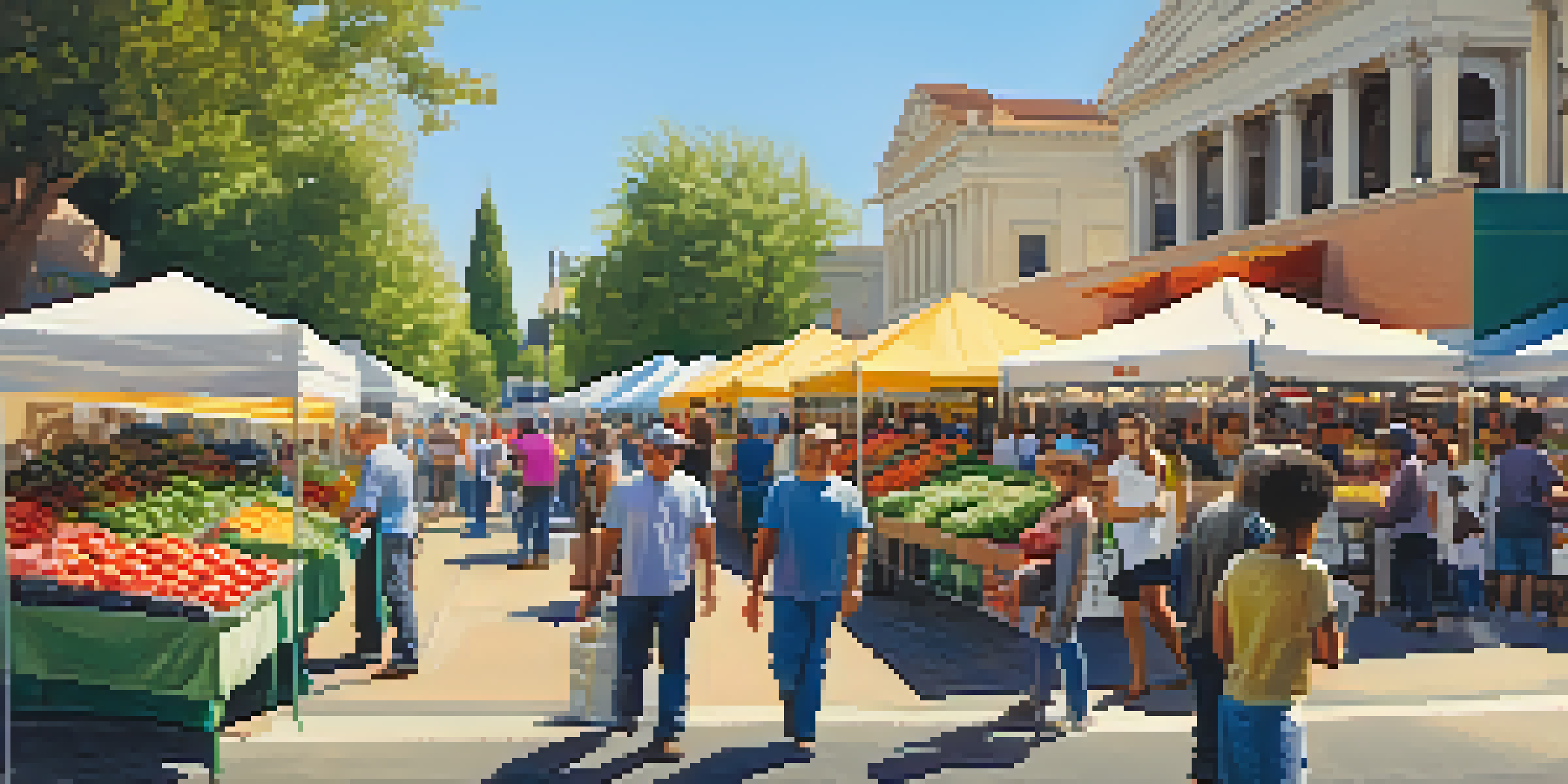 A lively farmers' market with colorful produce and shoppers interacting with farmers under bright sunlight.