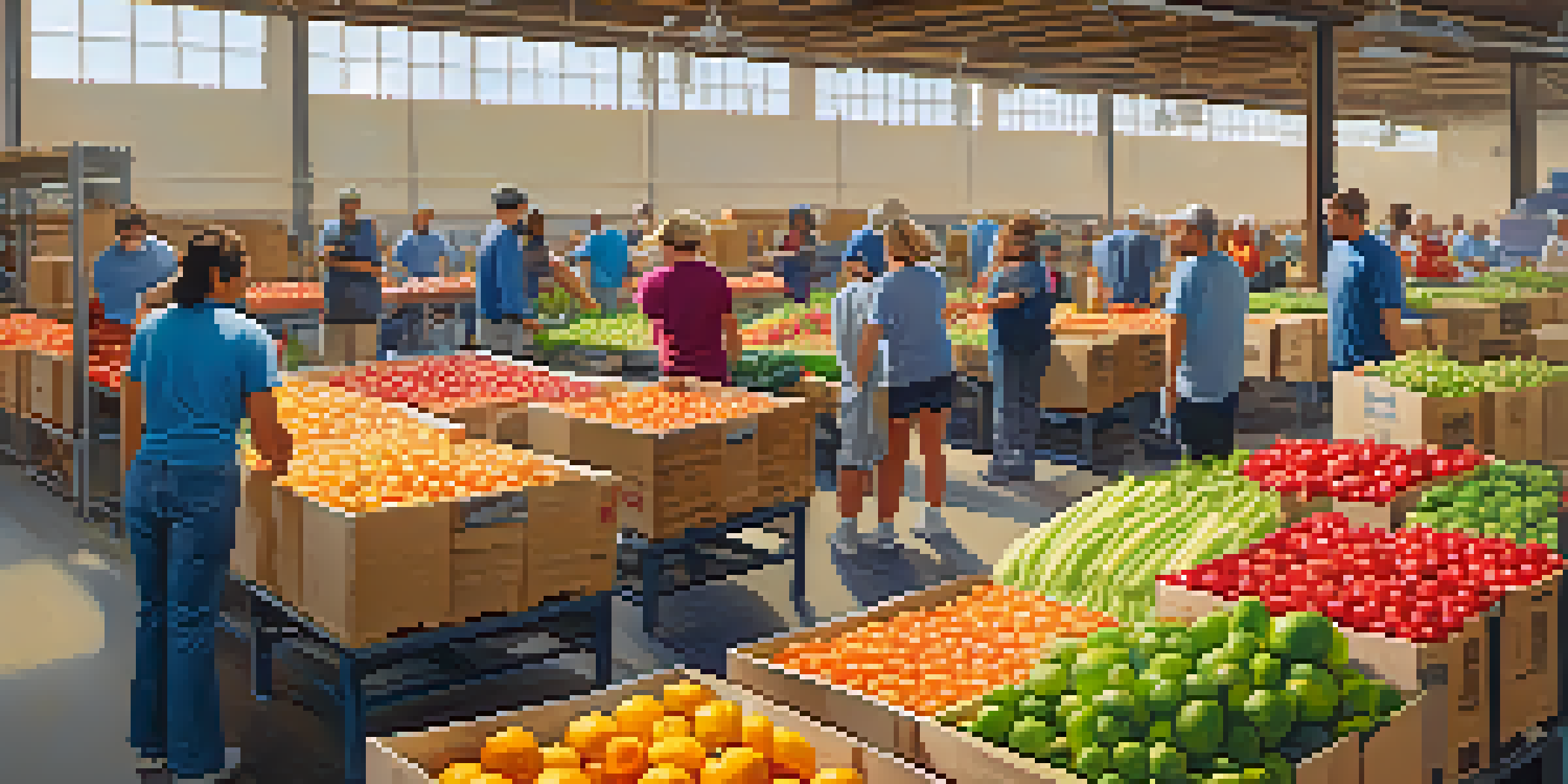 Volunteers sorting fresh produce and canned goods in a bright warehouse, showcasing a sense of community and engagement.