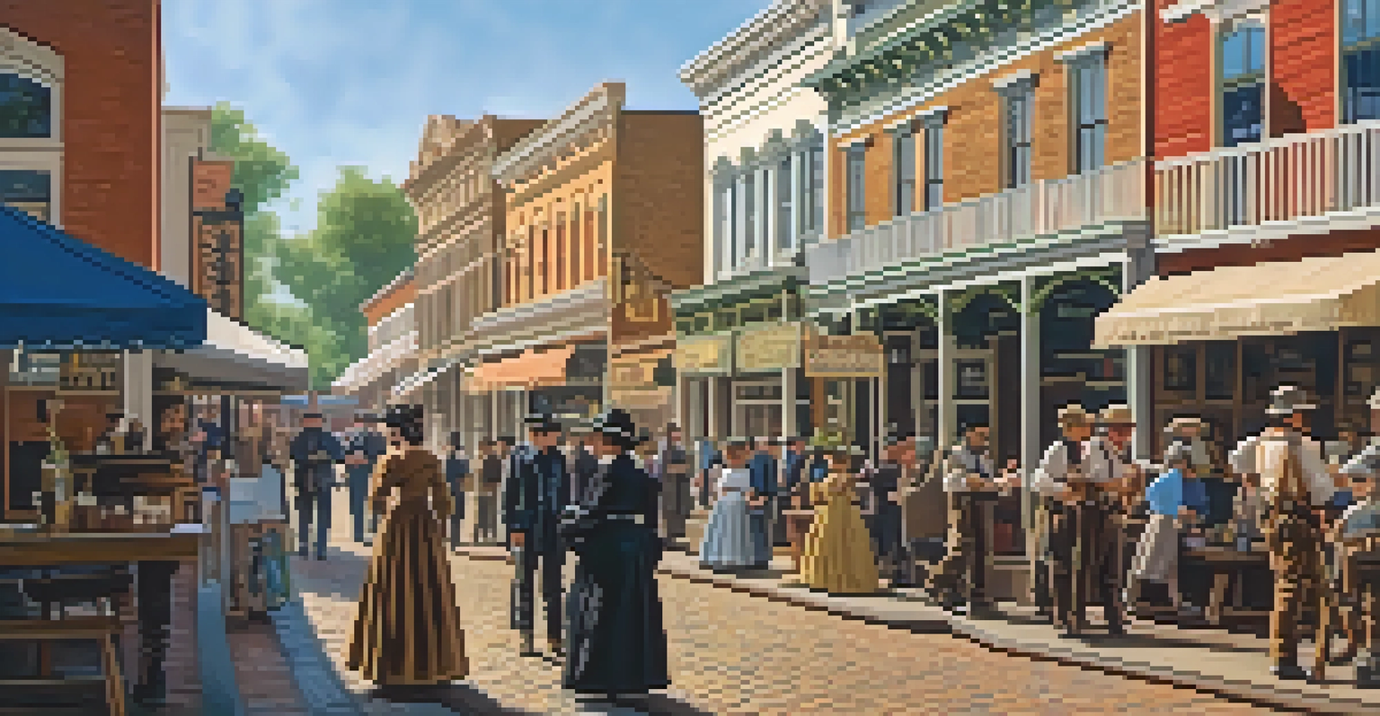 A lively depiction of Old Sacramento with vintage storefronts, cobblestone streets, and people in period costumes reflecting the Gold Rush era.