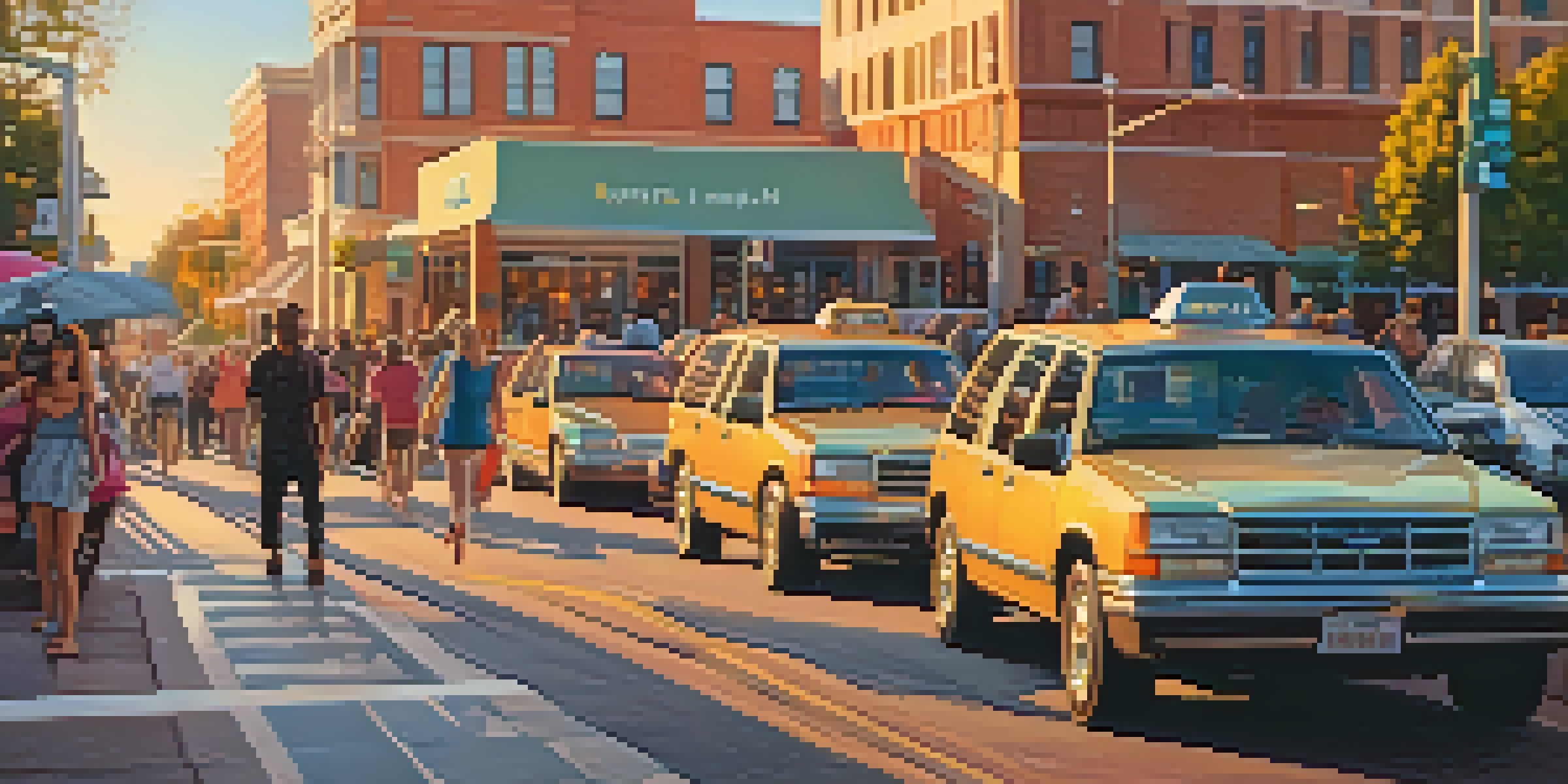 A sunset street scene in Sacramento with people using ride-sharing services and a ride-sharing vehicle picking up passengers.