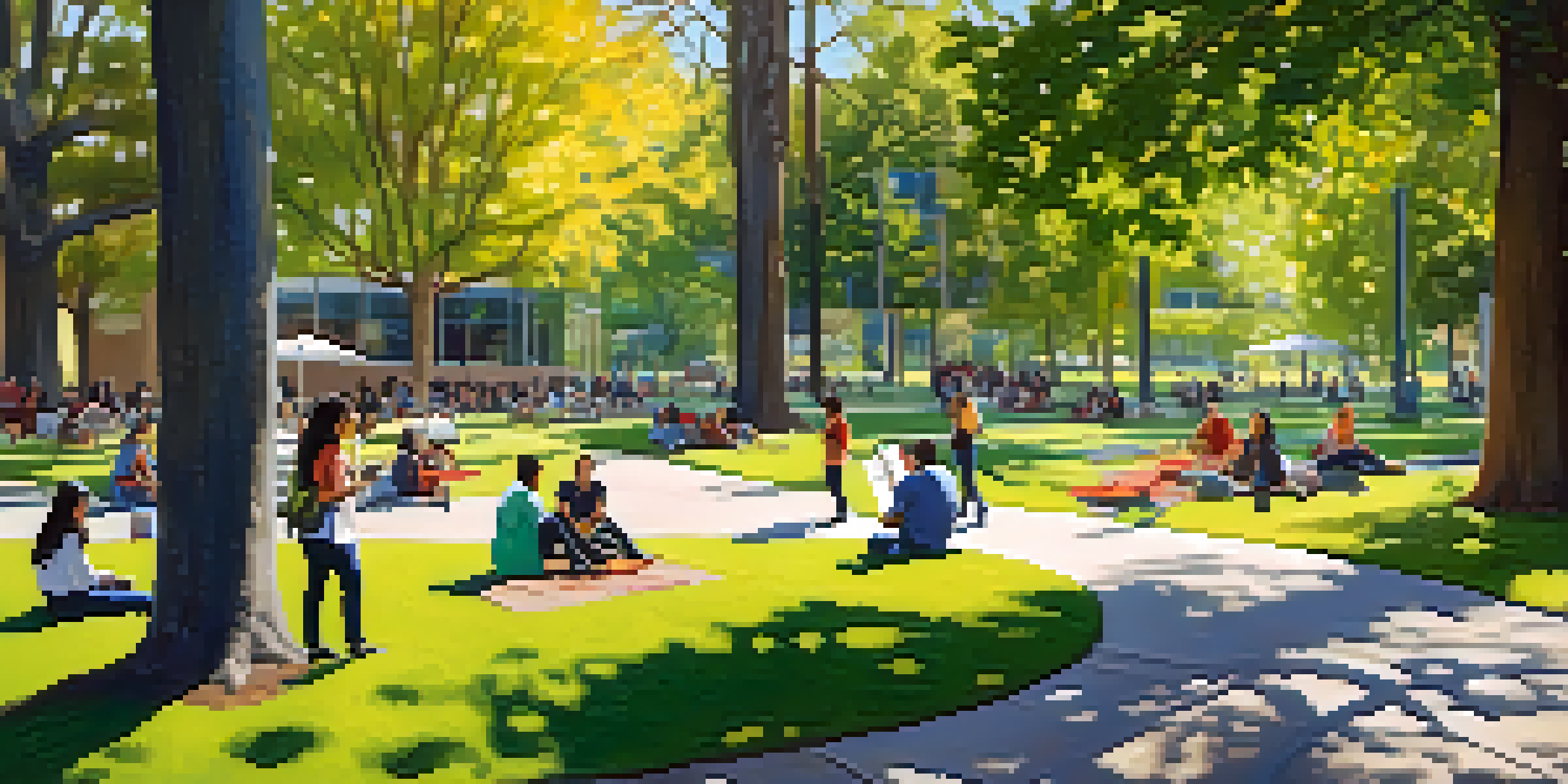 A diverse group of students studying together outside on a sunny day at a community college campus, surrounded by green trees and colorful program banners.
