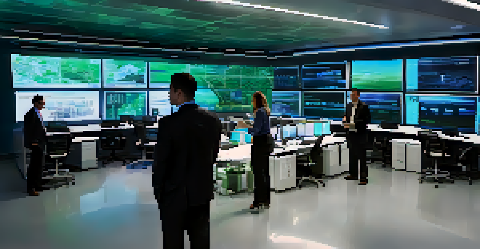 A public safety technology center in Sacramento with professionals analyzing real-time data and surveillance feeds.