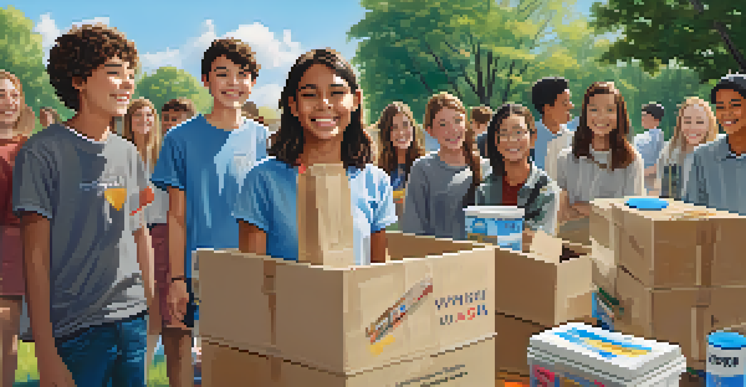 High school students in a park organizing a supply drive, surrounded by boxes of donations and cheerful posters, with trees and a blue sky in the background.