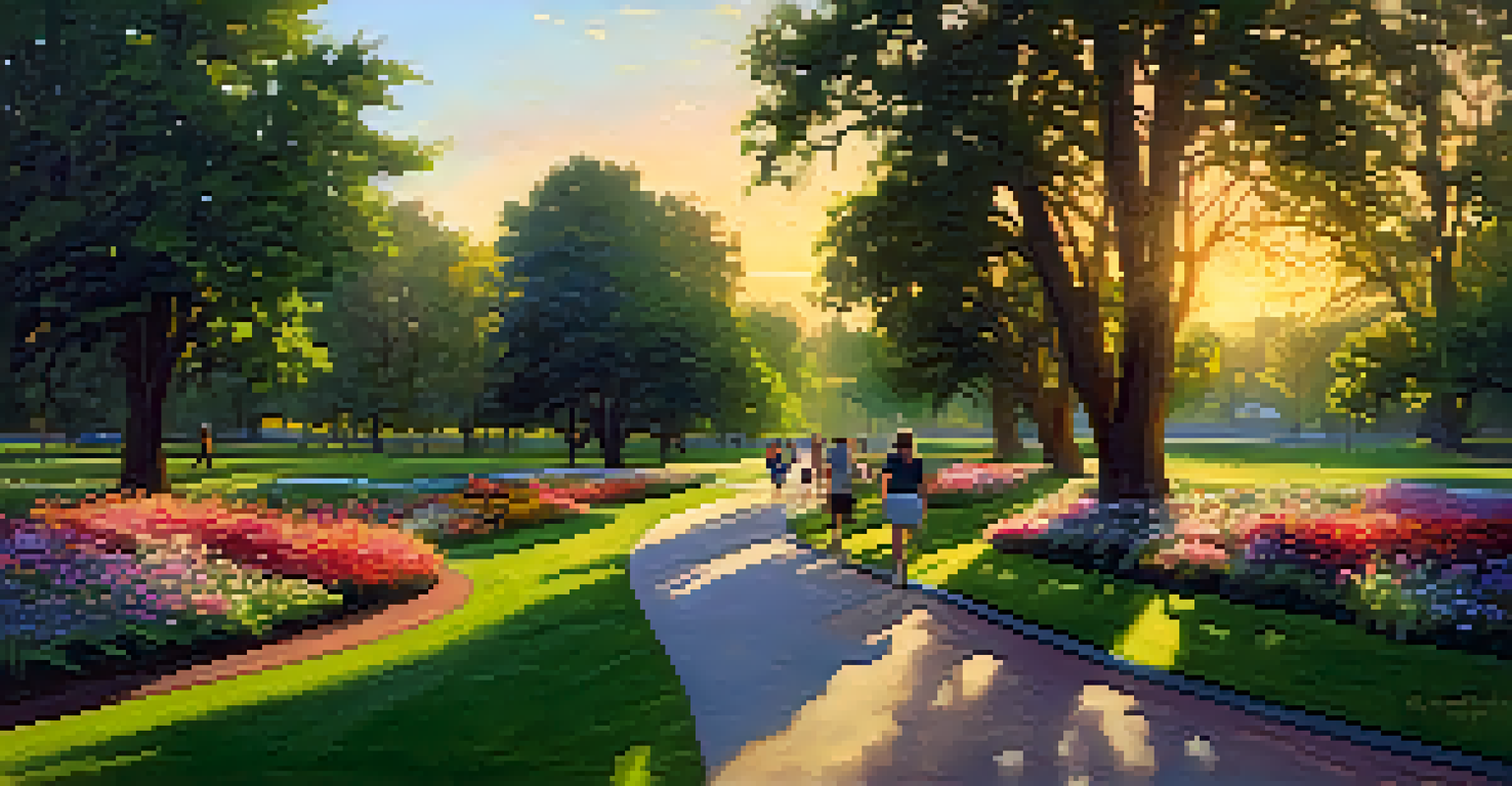 A beautiful park in Sacramento with walking paths, flowers, and people enjoying the outdoors during sunset.