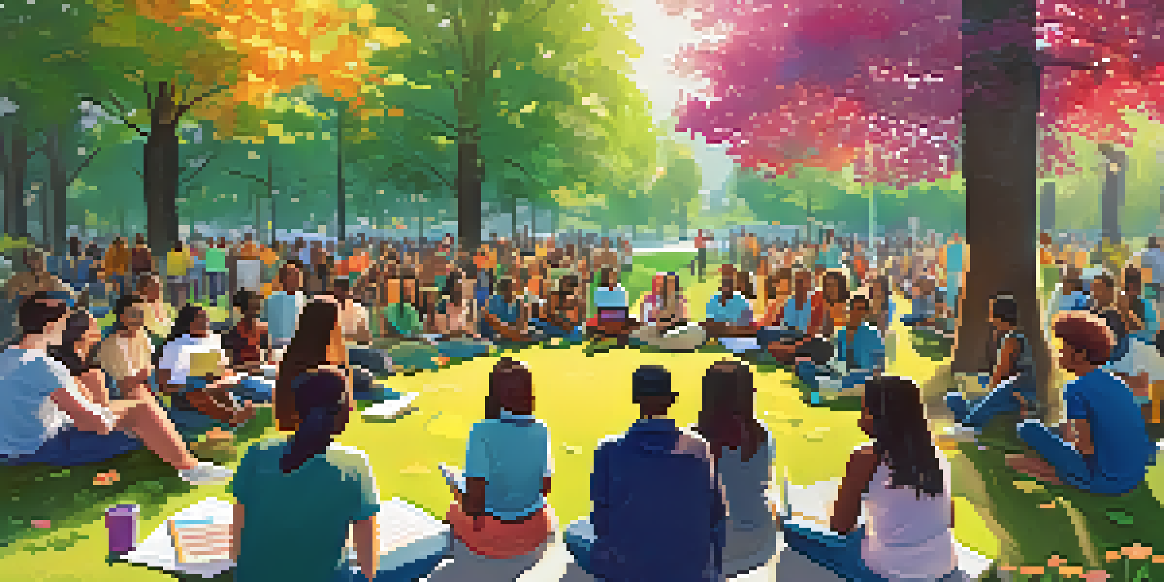 A lively community meeting in a park with diverse youth discussing safety initiatives, surrounded by trees and colorful banners.