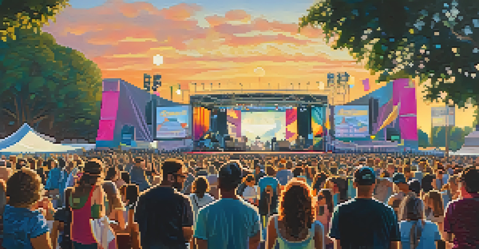 A lively outdoor music festival in Sacramento with a diverse crowd and musicians on stage, surrounded by colorful decorations and city landmarks.