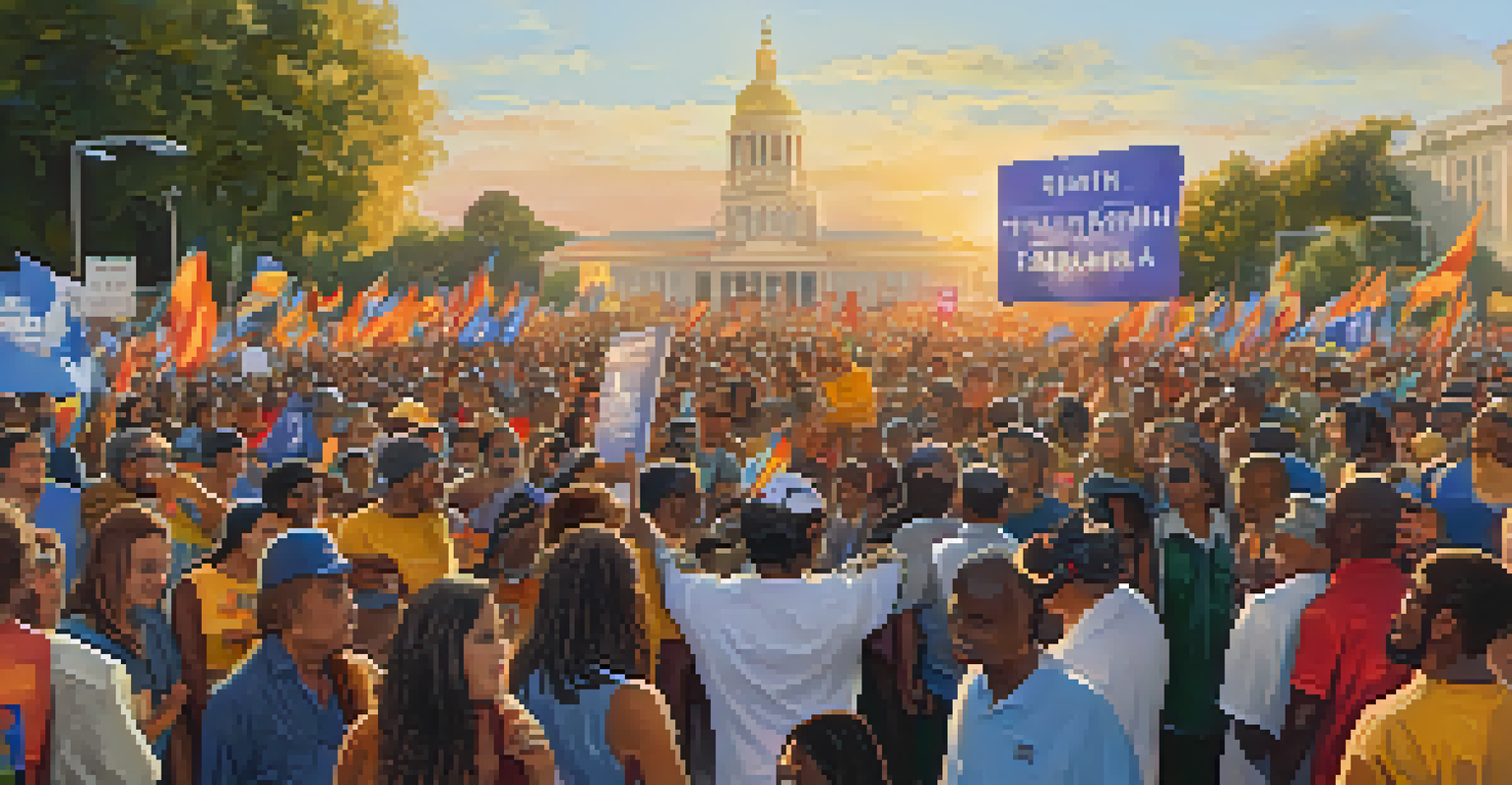 A faith leader at a social justice rally in Sacramento, with a diverse crowd holding signs and banners, set against a sunset background.