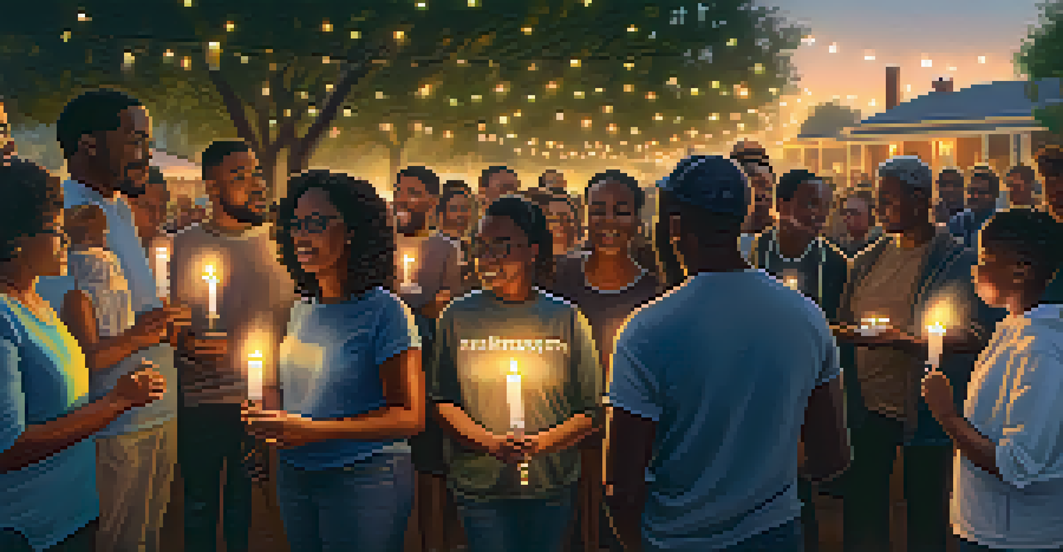 Community members gathered in a park at dusk, holding candles and banners to commemorate the Sacramento sit-ins, with a warm and inviting atmosphere.