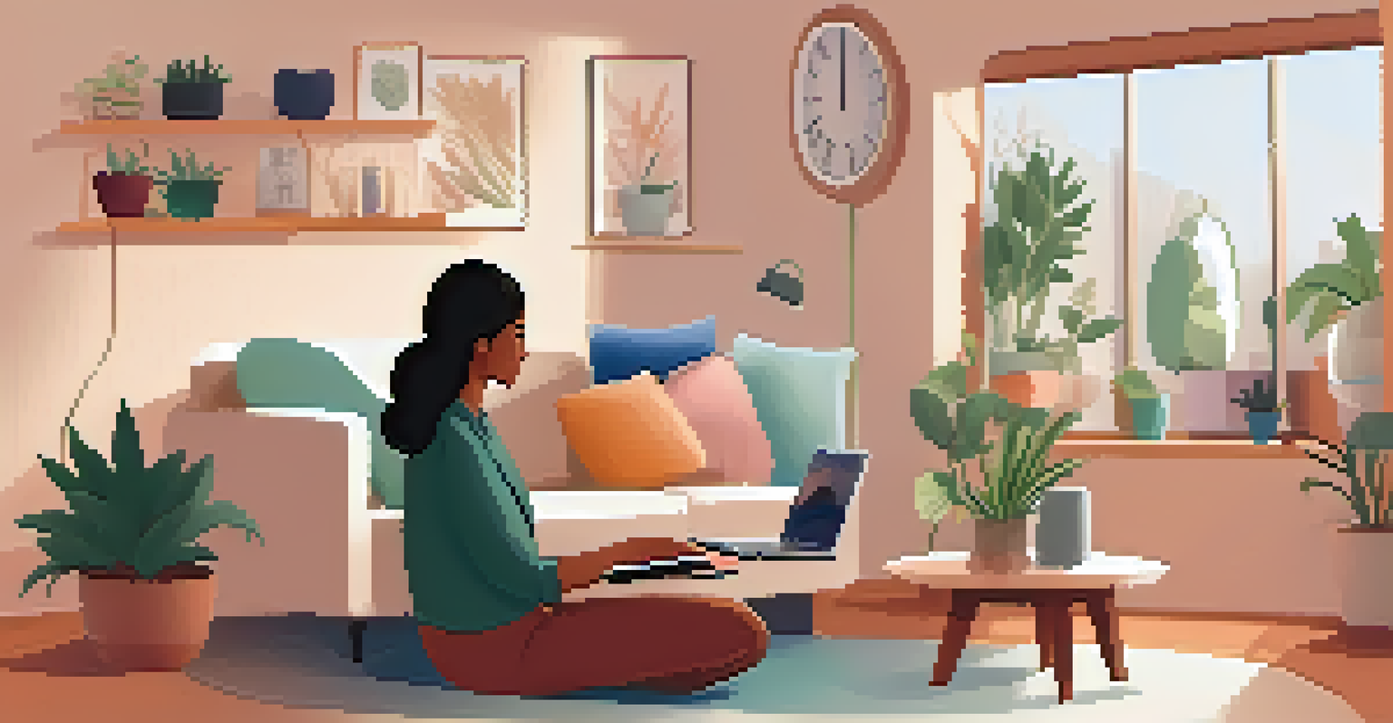 A young woman sitting on a couch in a cozy living room, engaged in a telehealth therapy session on her laptop.