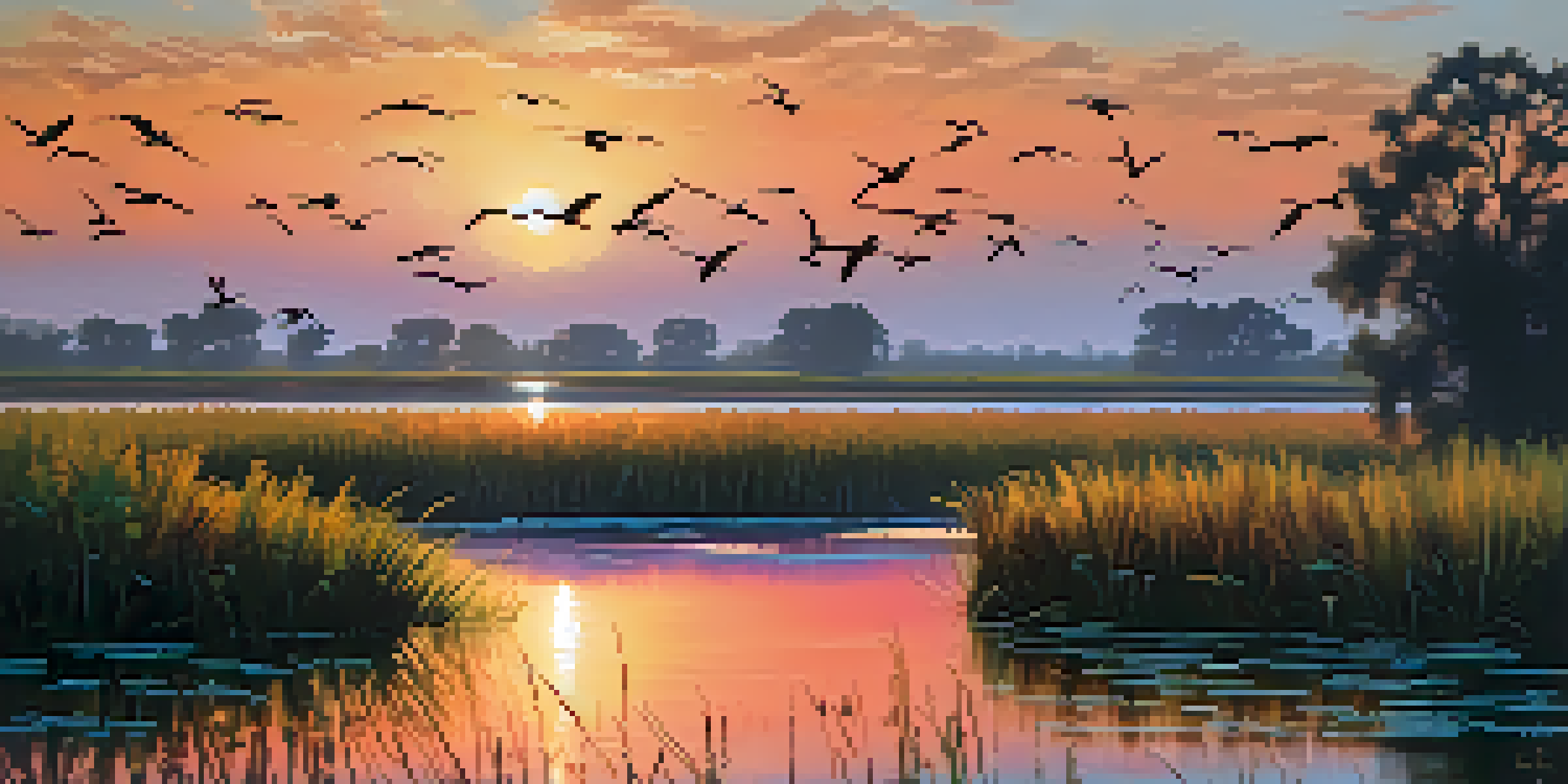 A sunset view of the Sacramento-San Joaquin Delta, with wetlands and silhouettes of trees, reflecting colorful skies on the water.