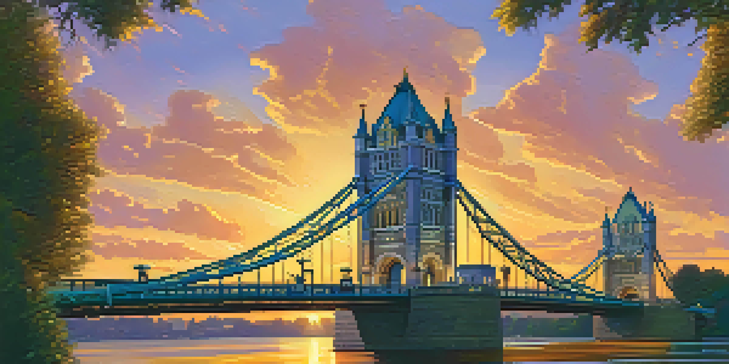 A sunset view of Sacramento's Tower Bridge with its yellow Art Deco design, reflecting on the river below.
