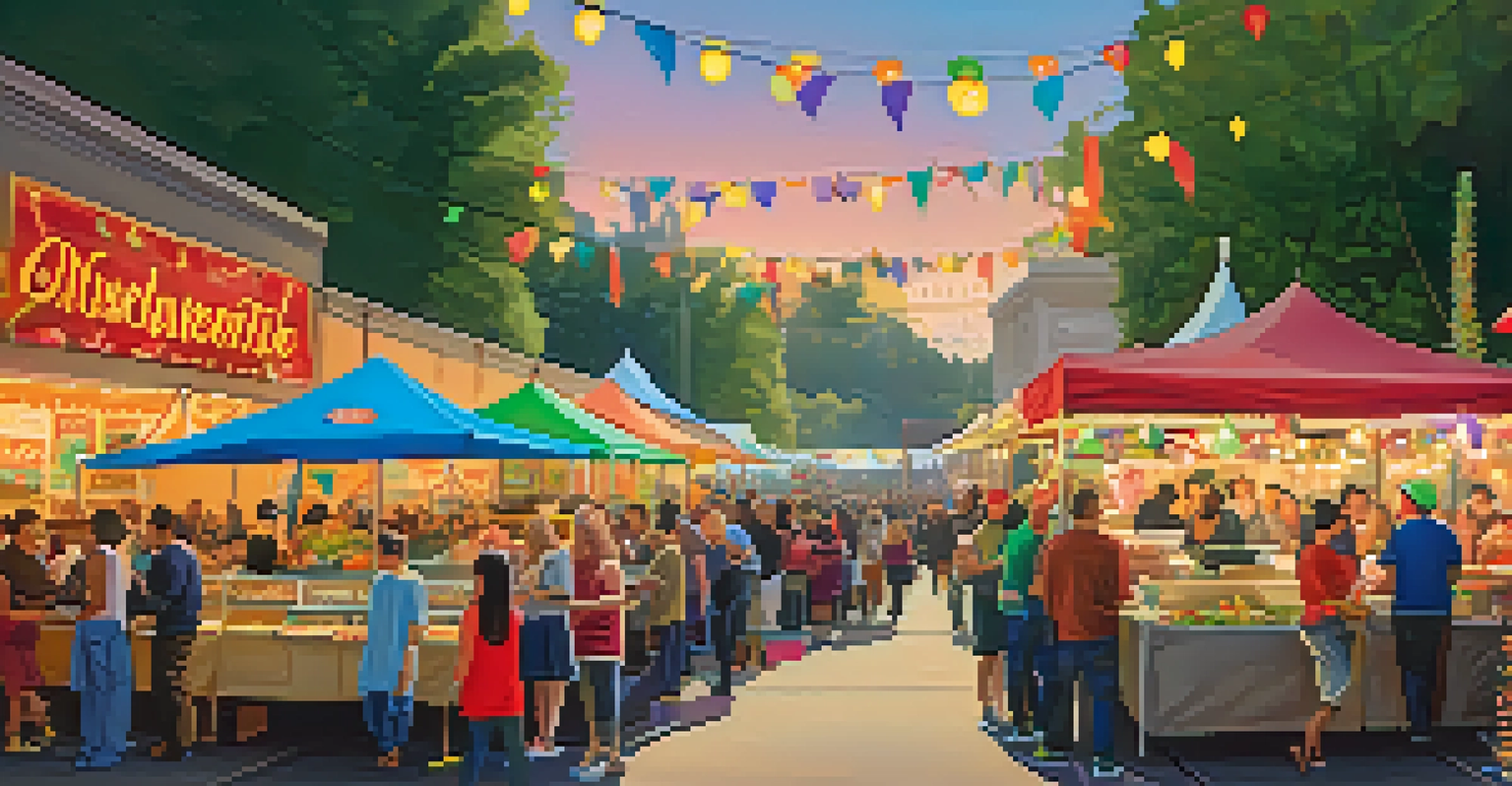 A lively food festival in Sacramento with colorful stalls serving diverse dishes like tacos and pho, filled with people enjoying the food.
