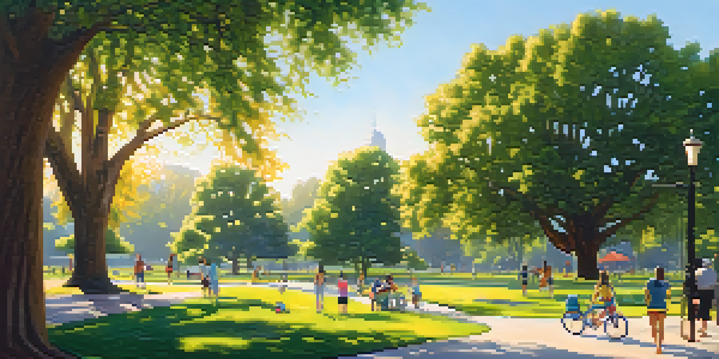 A lively urban park in Sacramento filled with trees, people jogging, playing children, and a couple having a picnic under a clear blue sky.