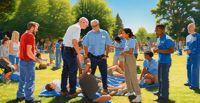 A diverse group of people practicing first aid in a sunny park, showcasing teamwork and community engagement.
