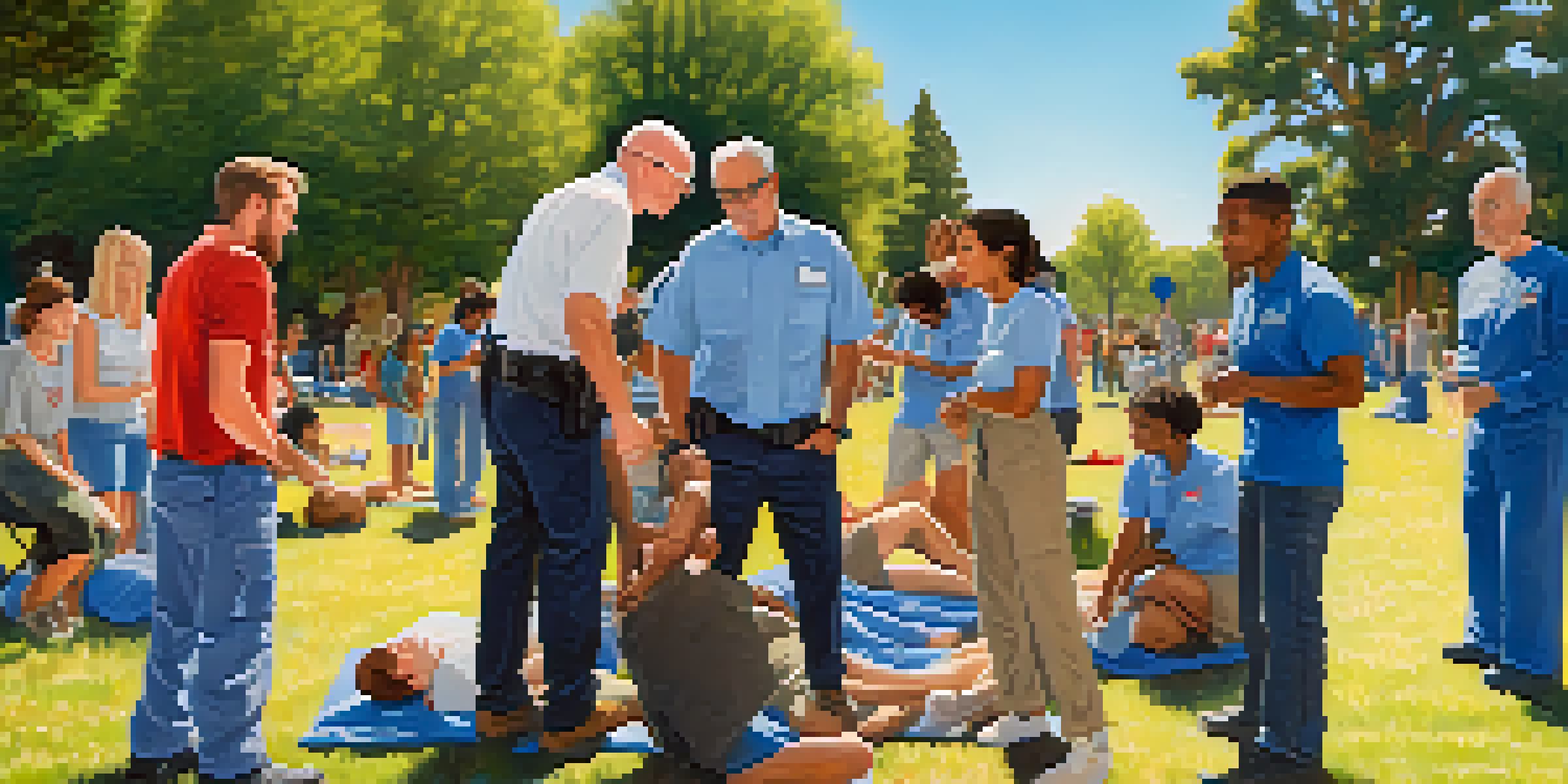 A diverse group of people practicing first aid in a sunny park, showcasing teamwork and community engagement.