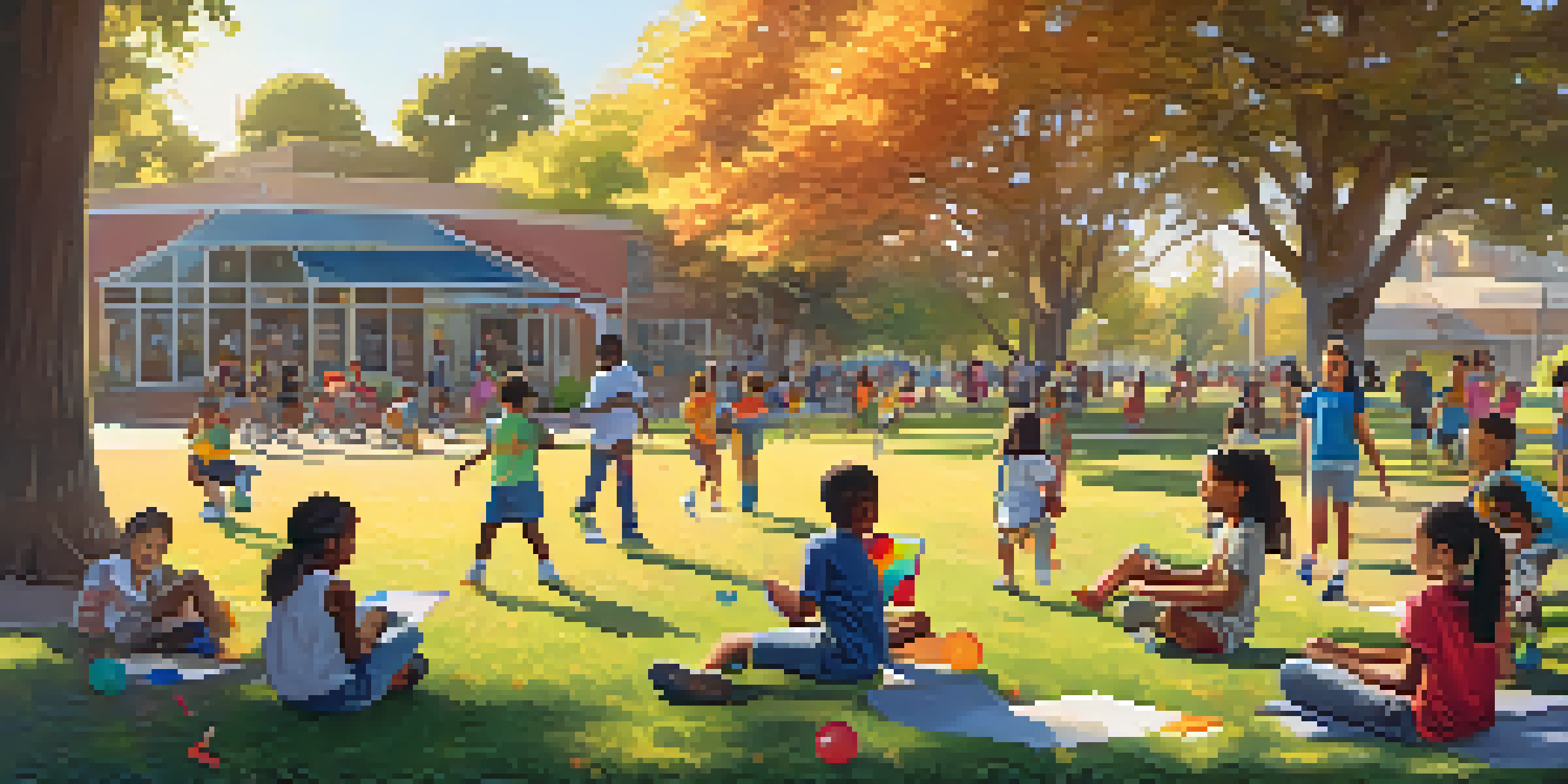 Children from diverse backgrounds participating in various after-school activities in a sunny park, including painting, soccer, and robotics.