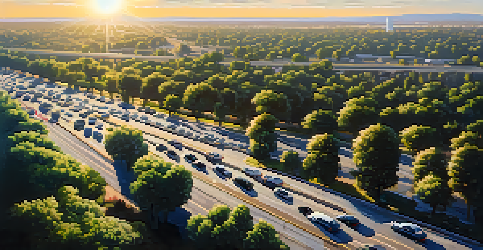 Aerial view of a busy highway in Sacramento with cars, some marked as carpools, surrounded by greenery.