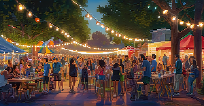 A lively outdoor film festival with a diverse crowd enjoying films, food trucks, and fairy lights in a park setting.