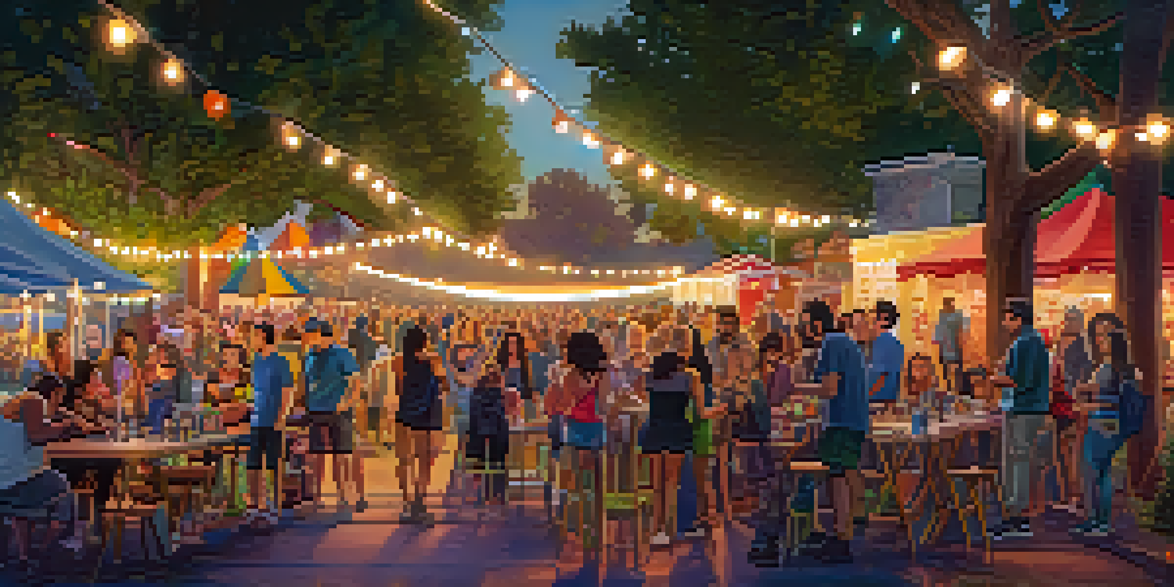 A lively outdoor film festival with a diverse crowd enjoying films, food trucks, and fairy lights in a park setting.