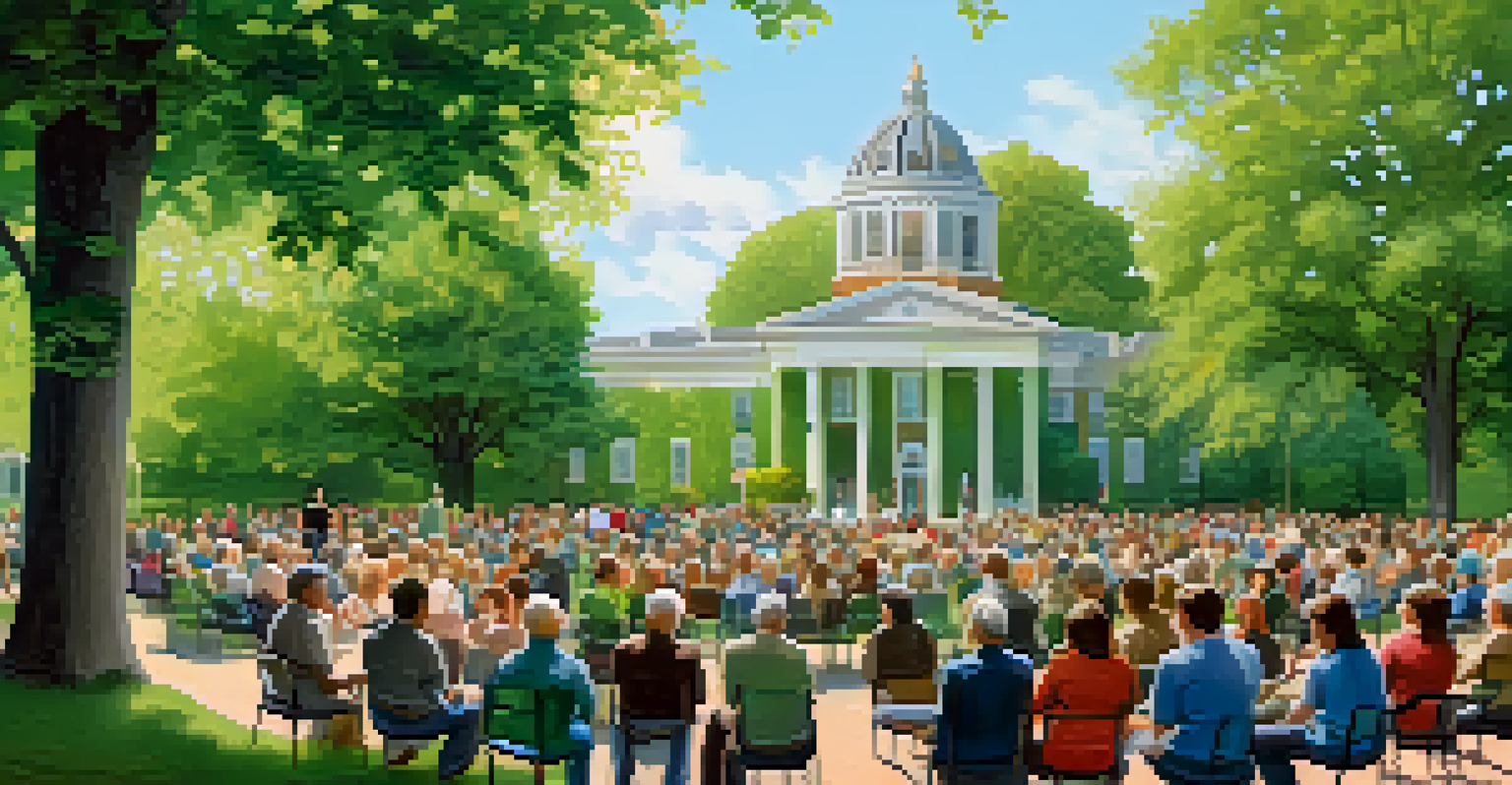A town hall meeting in a park with residents interacting with government officials in a friendly atmosphere.