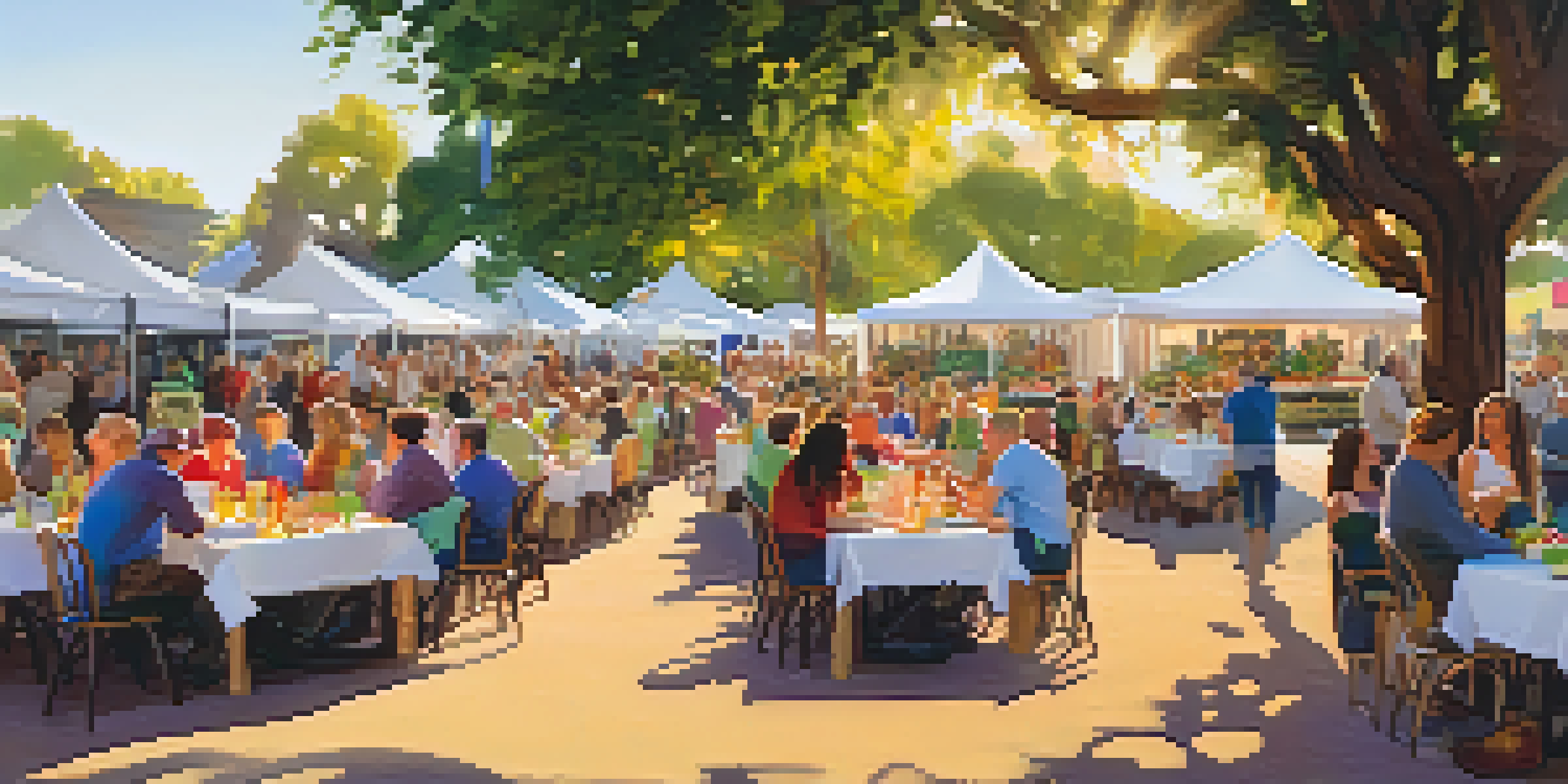 A lively outdoor festival scene with families dining at a long table filled with colorful, locally sourced dishes under a sunny sky.