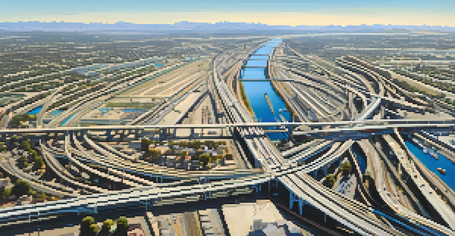 An aerial view of Sacramento's transportation infrastructure, showing highways and railway lines with trucks and trains in motion under clear blue skies.