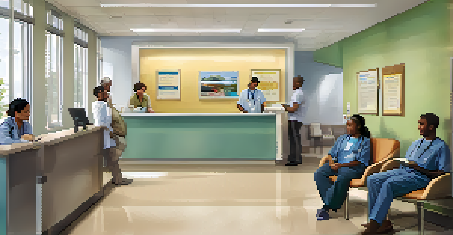 A cozy waiting area in a public health clinic with comfortable seating and a healthcare professional assisting a patient.