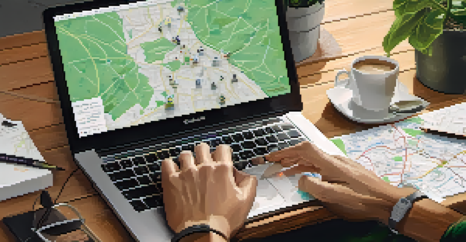 A close-up of hands typing on a laptop on a desk with tech tools, a coffee cup, and green plants, against a wall decorated with a map of Sacramento and sticky notes.