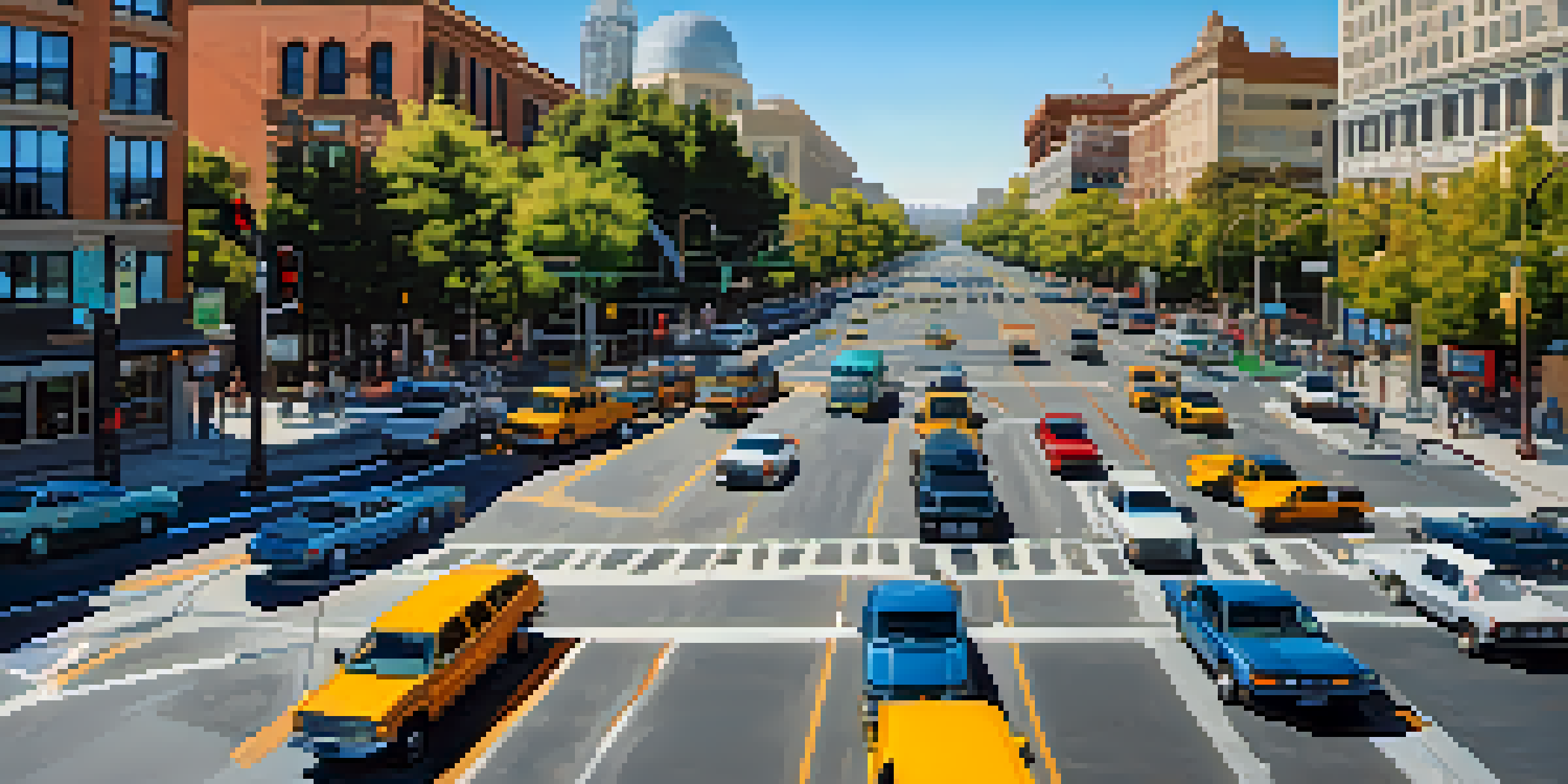 A busy Sacramento intersection with adaptive traffic signals, smart cameras, and a mix of vehicles and pedestrians.
