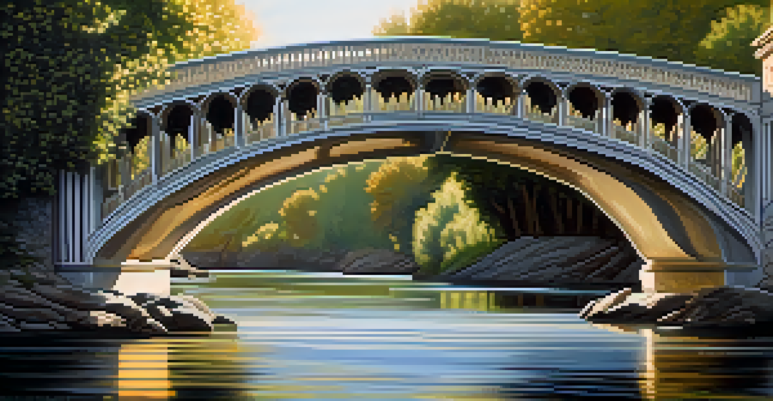 A close-up of the Sacramento River Bridge, showcasing its pointed arches and detailed stonework in soft morning light.