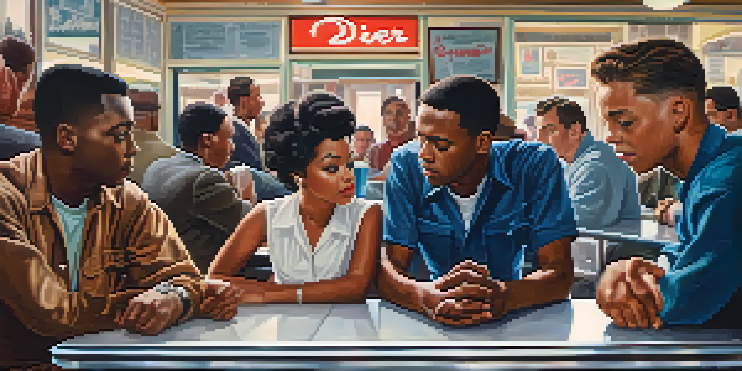 A diverse group of young activists participating in a peaceful sit-in protest at a diner, with signs for civil rights and 1960s decor in the background.