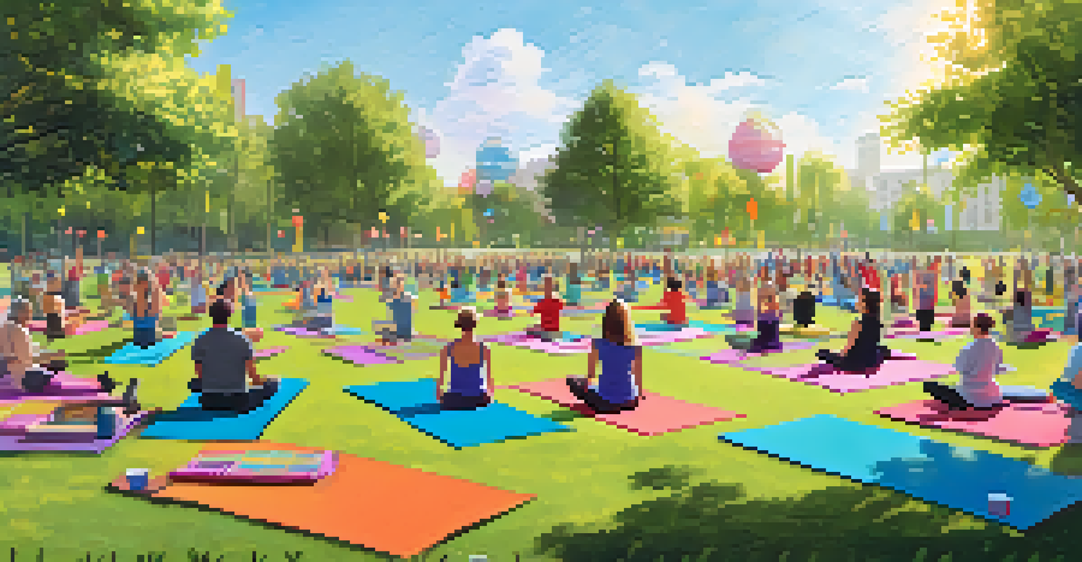 A community yoga event in a park, featuring diverse participants on colorful mats surrounded by greenery and decorations.