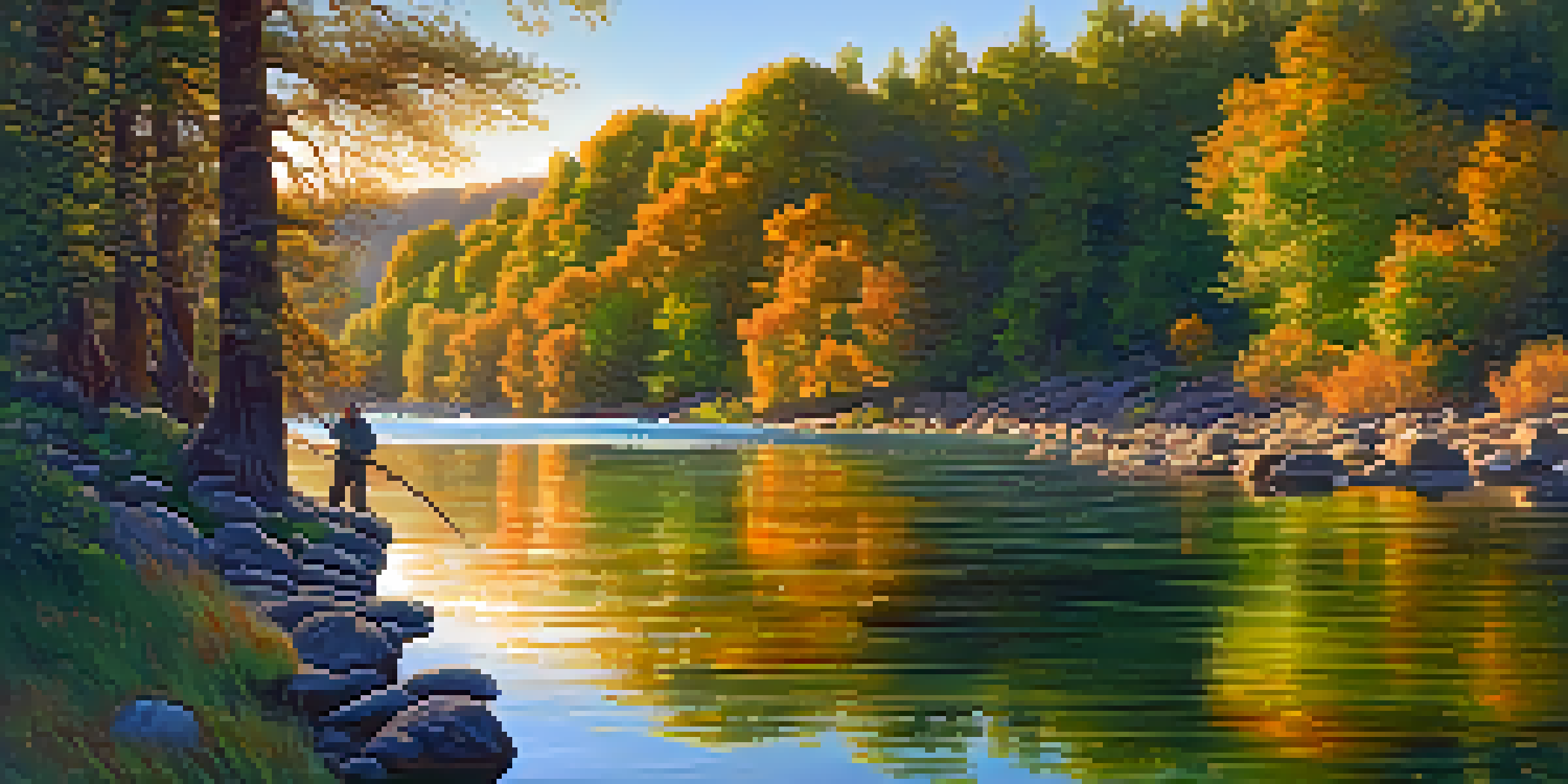 A fisherman casting his line in the American River, surrounded by autumn trees and glowing sunset reflections in the water.