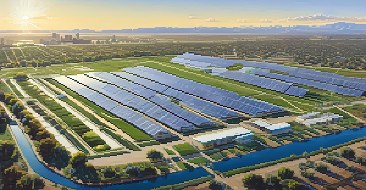 An aerial perspective of a water management facility in Sacramento, highlighting solar panels, irrigation systems, and parks with rain gardens, with the city skyline in the backdrop.