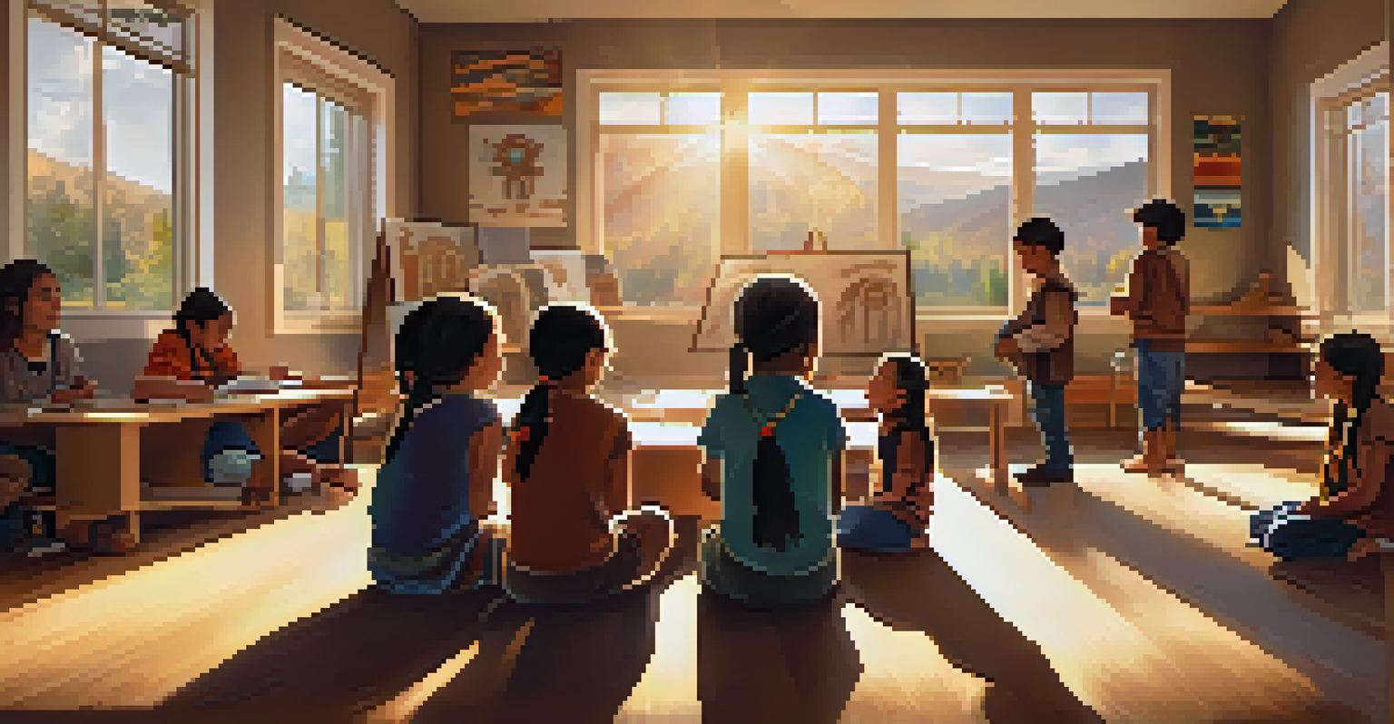 Children participating in a workshop about Native American culture, listening to a storyteller in a decorated classroom.