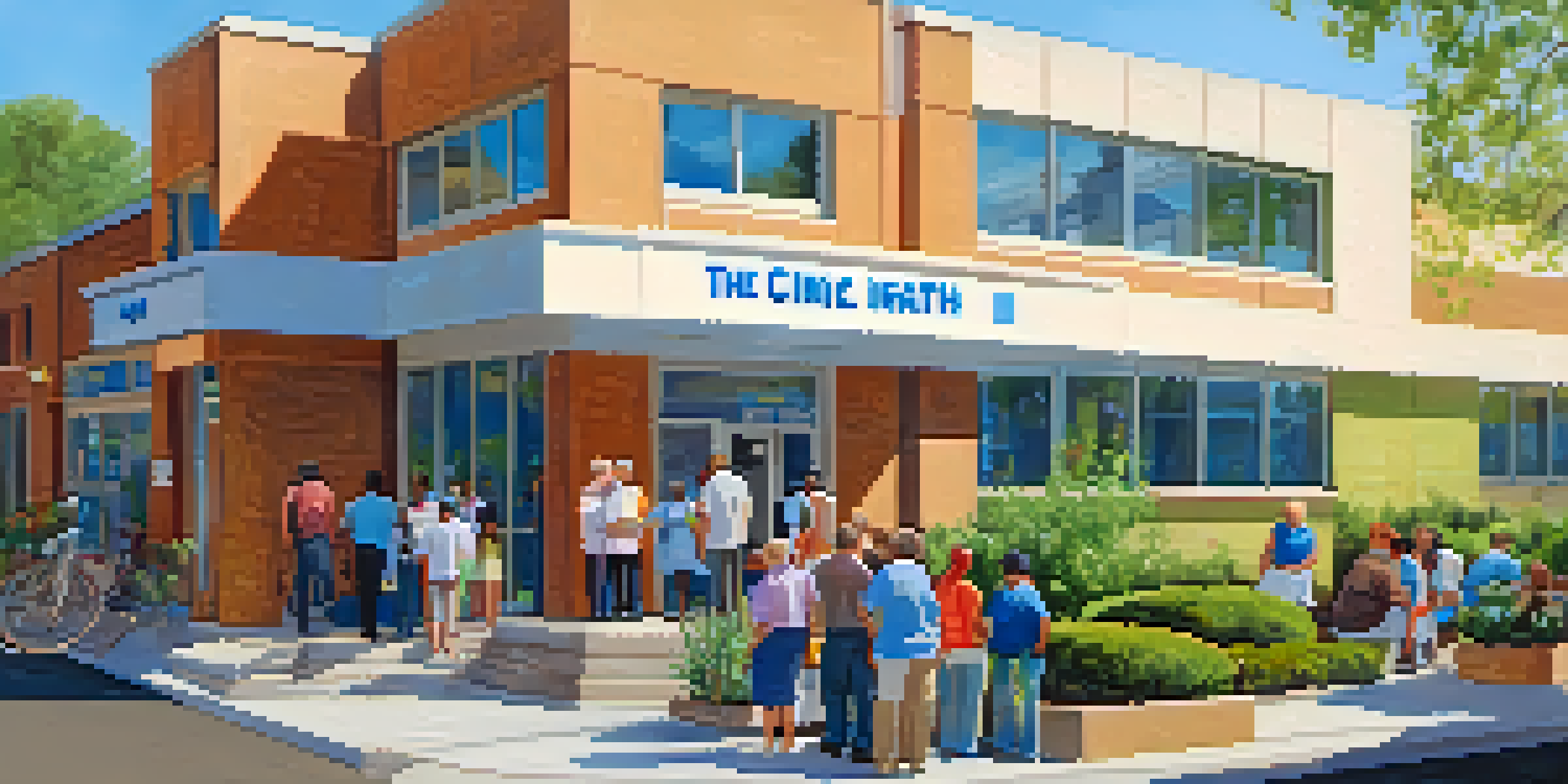 A welcoming public health clinic with a diverse group of patients outside, surrounded by greenery and a clear blue sky.