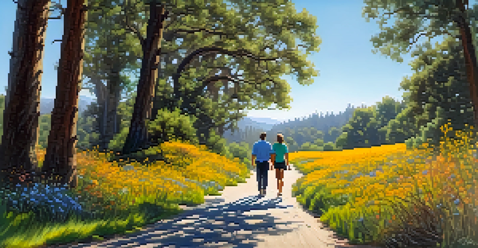 A beautiful path alongside a river, with vibrant flowers and trees, where a couple is walking together under a clear blue sky.