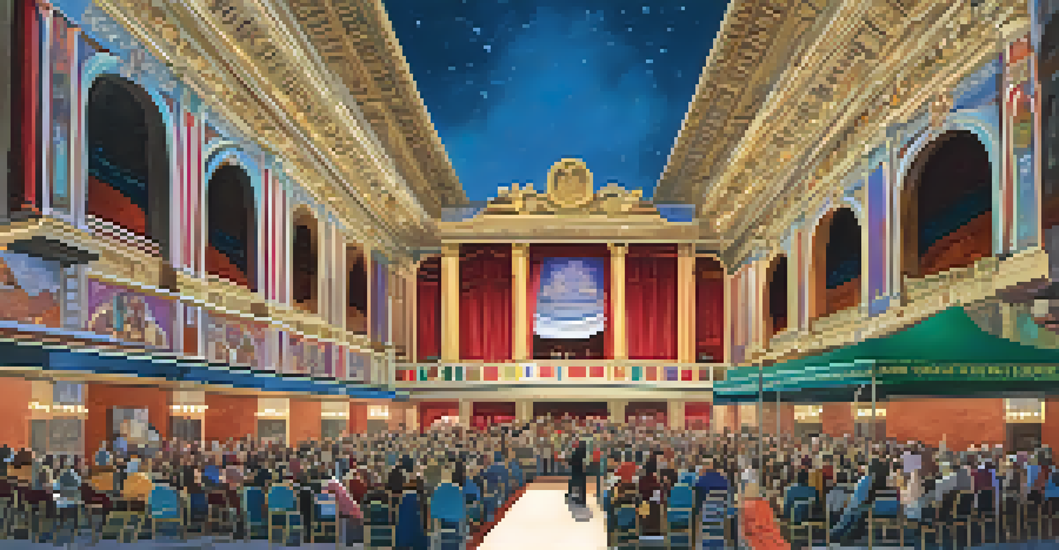 A community event at a historic theater with a diverse audience enjoying a live performance under an ornate ceiling.