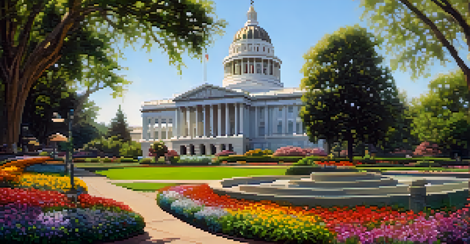 A sunny day at the State Capitol building in Sacramento, with greenery and flowers in the foreground and people walking around.