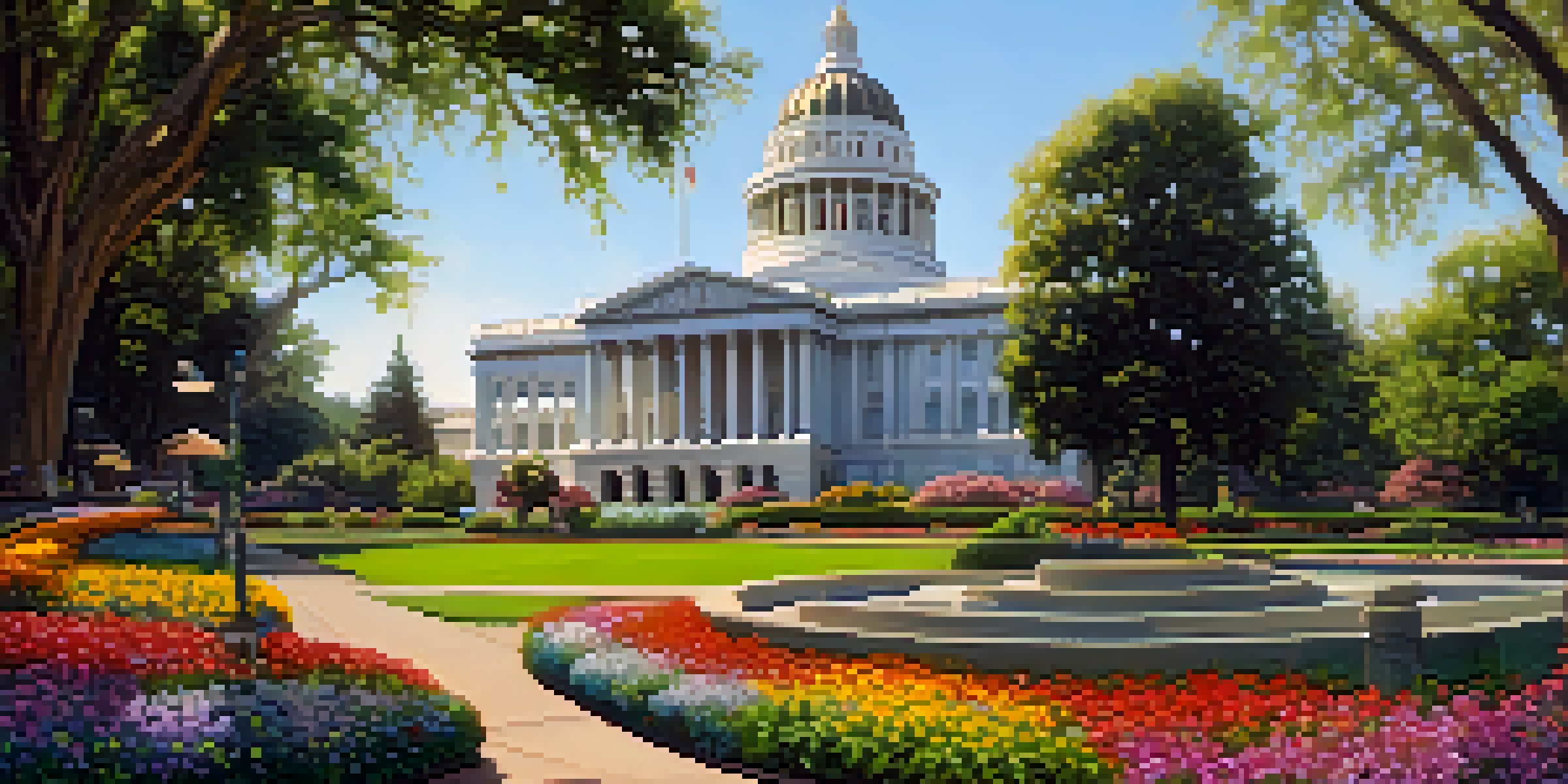 A sunny day at the State Capitol building in Sacramento, with greenery and flowers in the foreground and people walking around.