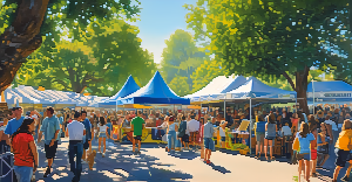 A lively crowd at the Sacramento Music Festival in a sunlit park, featuring musicians on stages, food stalls, and families enjoying the festivities.
