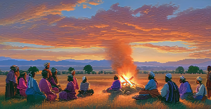 A peaceful sunset over Sacramento Valley with hills, a colorful sky, and Nisenan community members in traditional attire gathered around a fire.