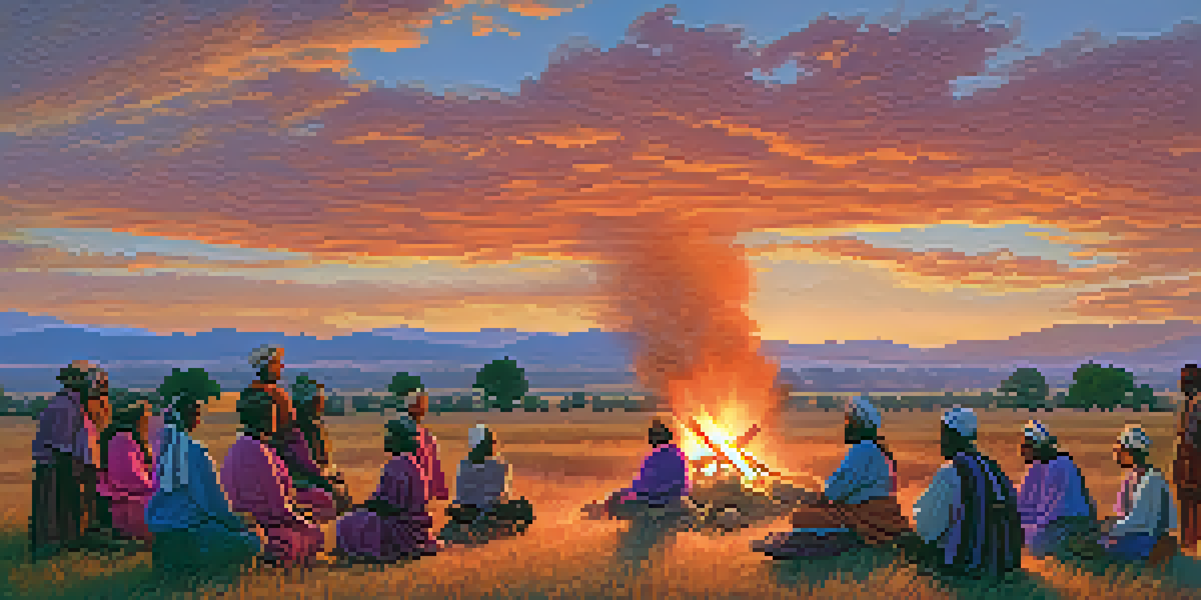 A peaceful sunset over Sacramento Valley with hills, a colorful sky, and Nisenan community members in traditional attire gathered around a fire.