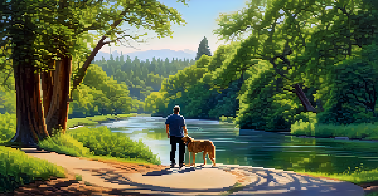 A person walking a dog along a scenic trail by the river in Discovery Park.
