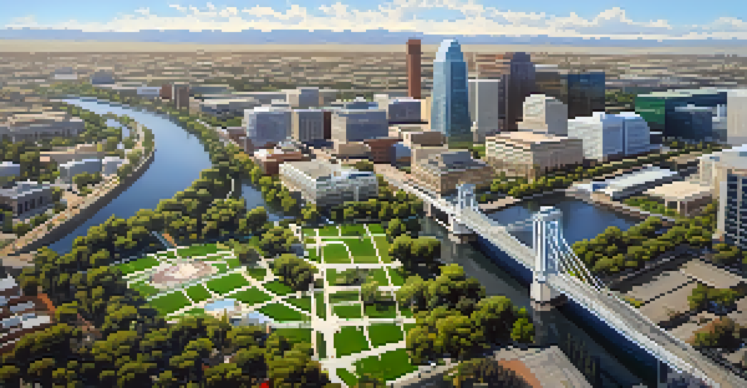 Aerial view of Sacramento showing historic landmarks alongside modern buildings and green parks.