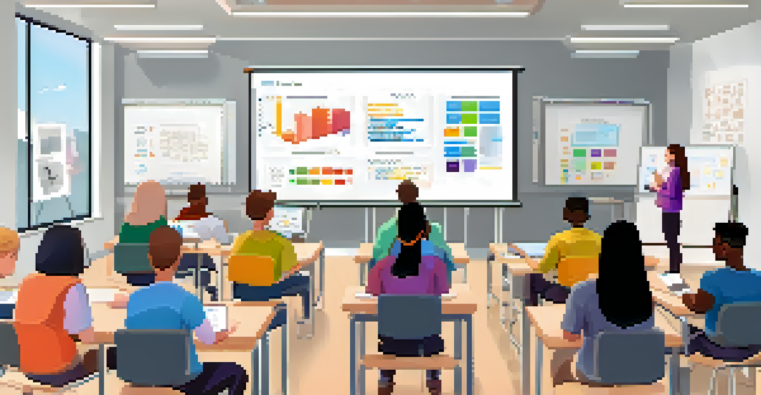 A classroom scene with diverse students in a coding boot camp, learning from an instructor using a digital whiteboard.