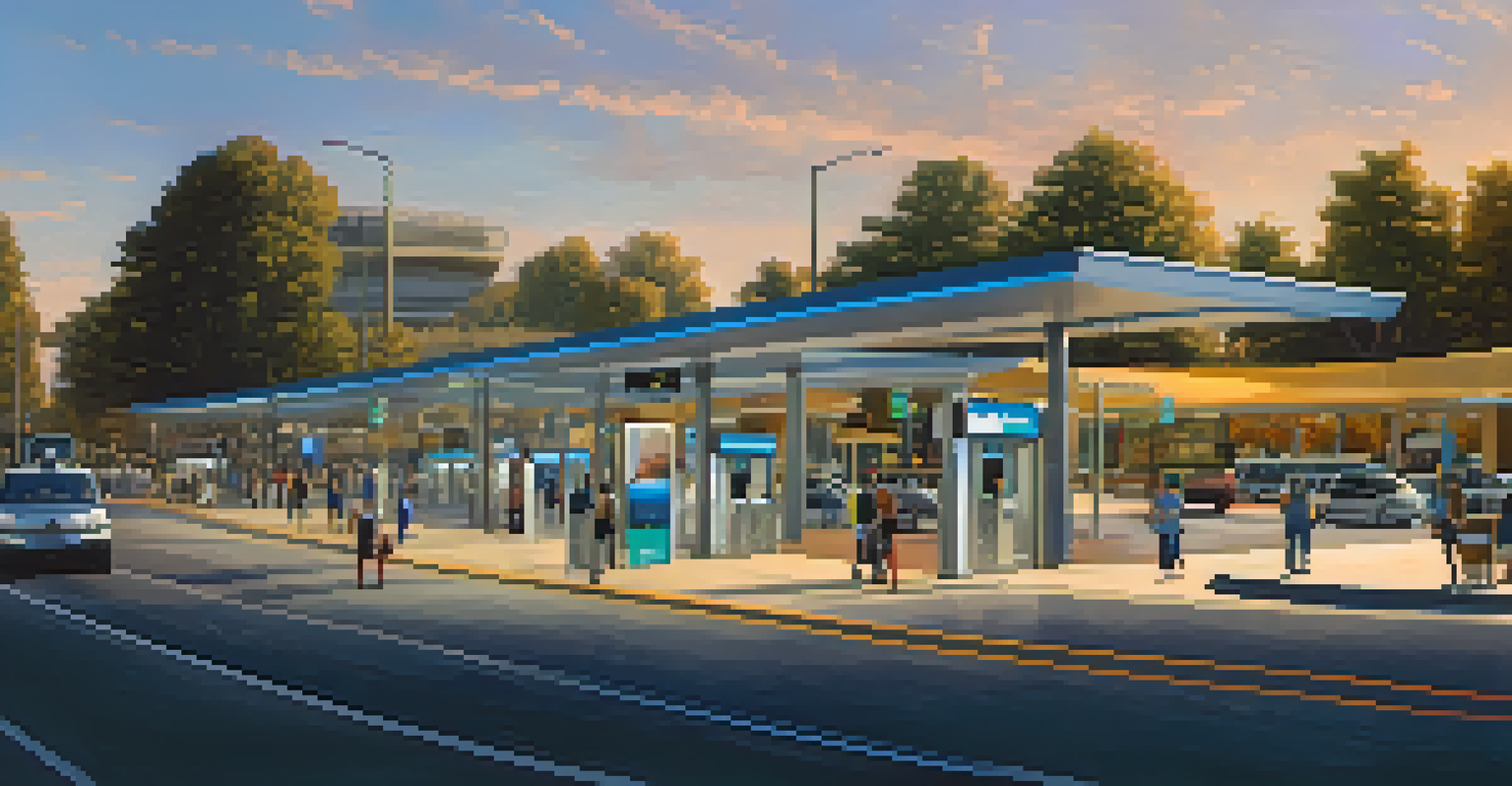 A panoramic view of a busy BRT station in Sacramento, showcasing sleek architecture and people waiting and boarding buses in warm evening light.