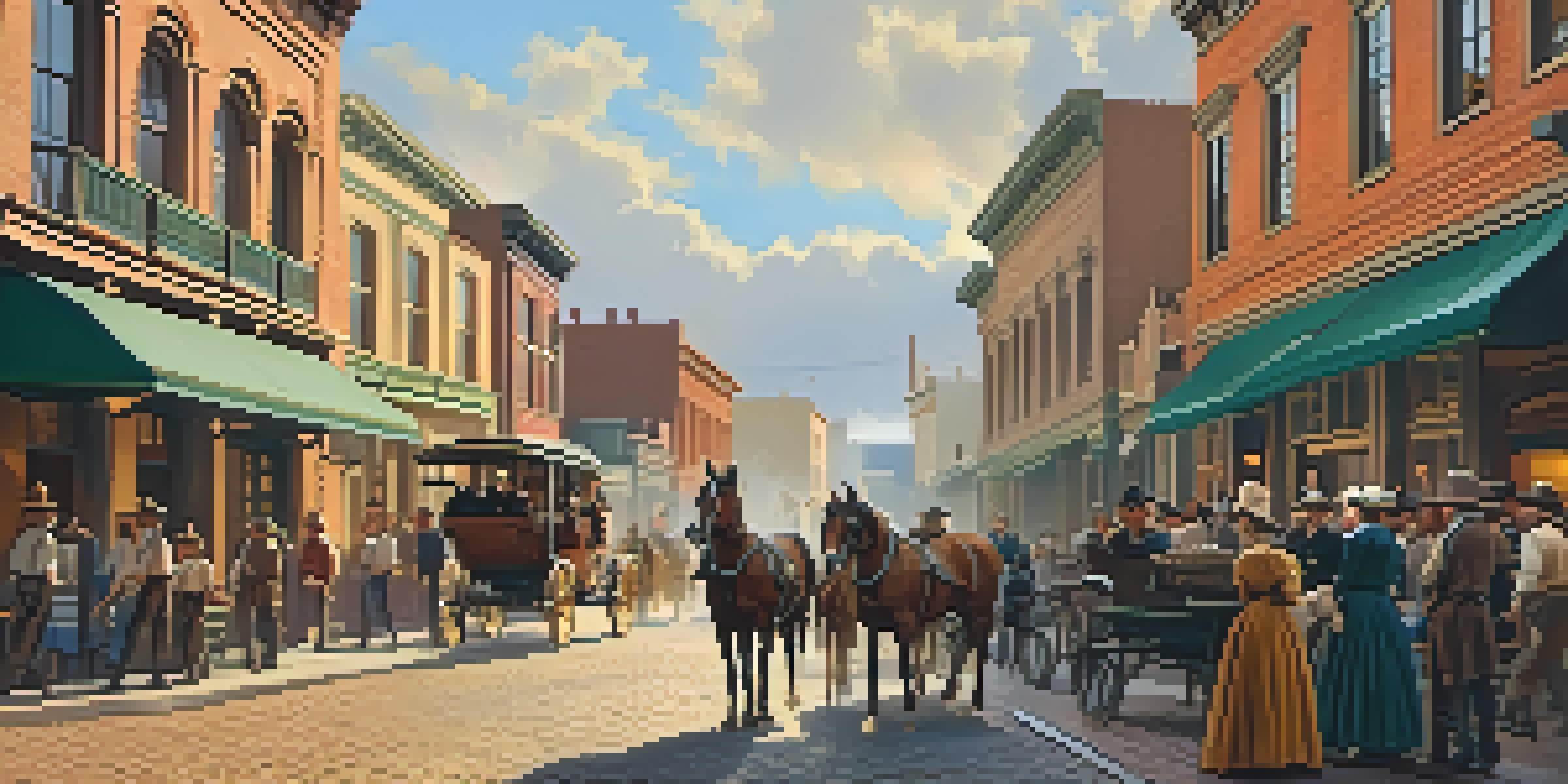 A lively historical scene in Old Sacramento with people dressed in 1800s clothing walking on cobblestone streets, surrounded by wooden buildings and horse-drawn carriages.