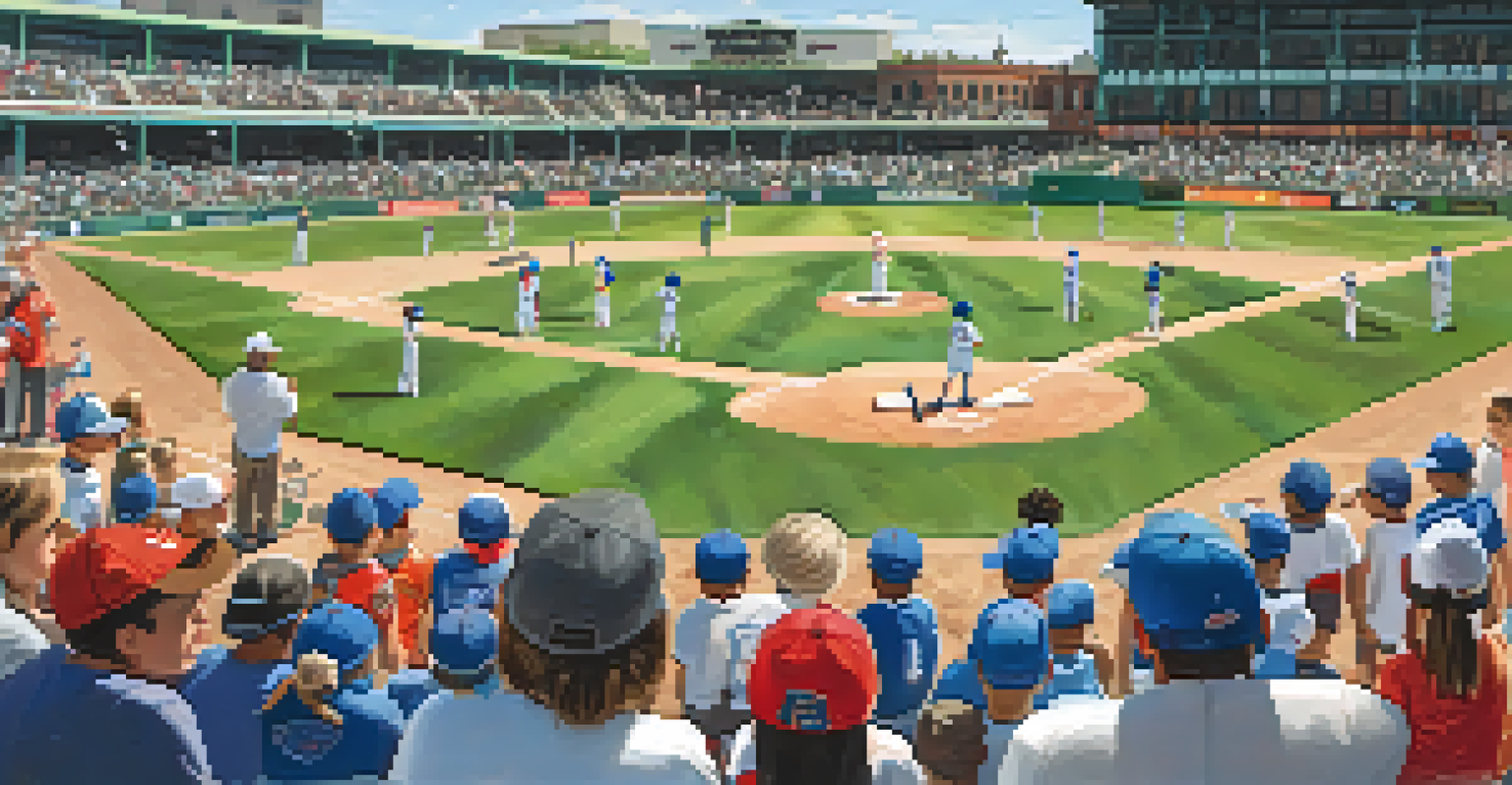 Children engaging in a youth baseball clinic at Raley Field, with coaches demonstrating techniques and parents watching proudly from the sidelines.